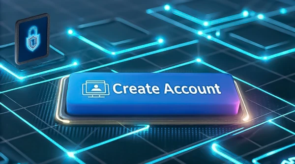 “Create account” button displayed prominently on a blue background, inviting users to initiate the registration process.