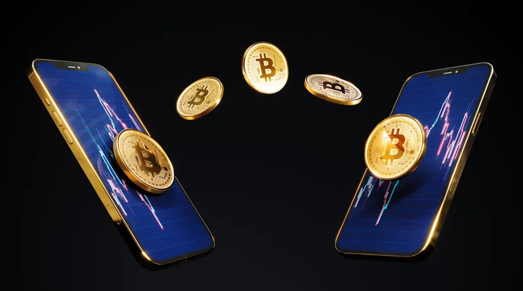  A digital illustration of Bitcoin coins being transferred between two mobile phones.