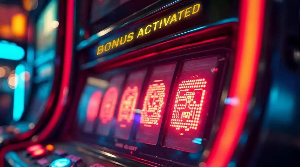 A casino slot machine glowing with “Bonus Activated” text, symbolizing activated bonuses.