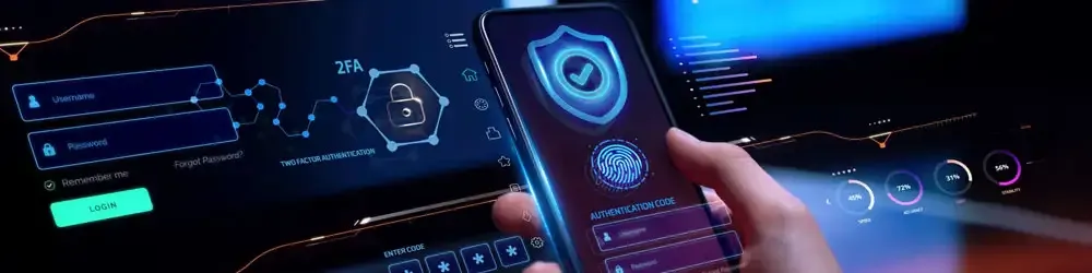 A futuristic digital interface displaying a secure login screen with two-factor authentication (2FA) enabled on a smartphone, representing enhanced security measures for VPN-friendly crypto casinos.