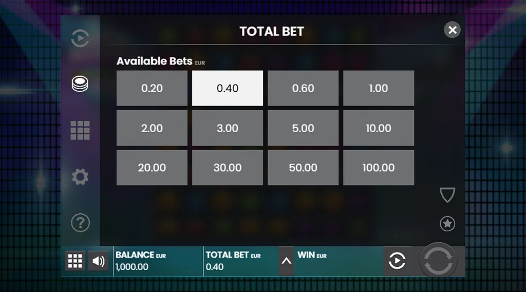 A screenshot of the 'Total Bet' interface for Jammin' Jars, showing available bet options from 0.20 EUR to 100.00 EUR, with the balance and total bet displayed at the bottom