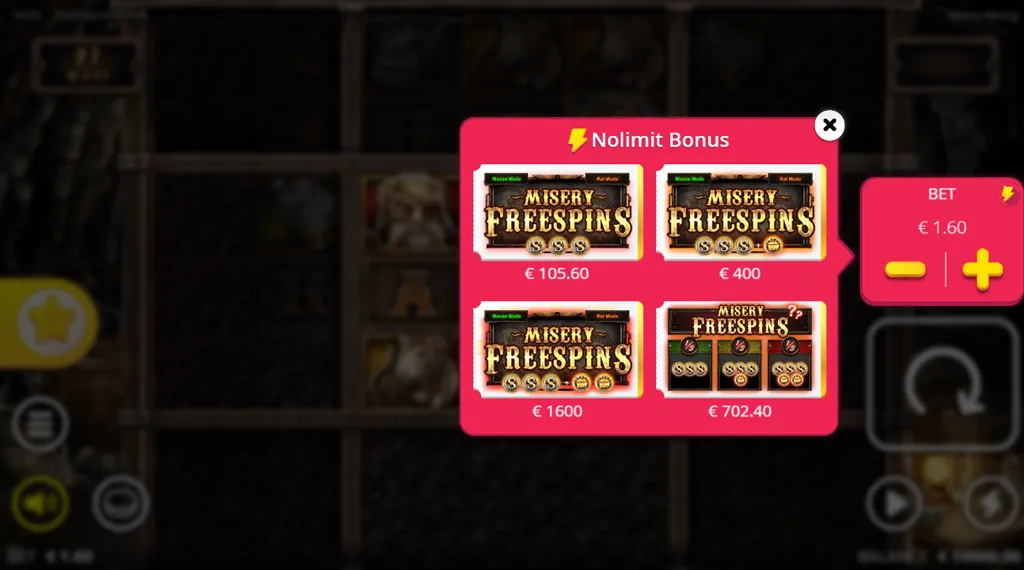 The game interface displaying Misery Free Spins bonus packs with various price options, from €105.60 to €1600, alongside a bet adjustment control showing a bet amount of €1.60