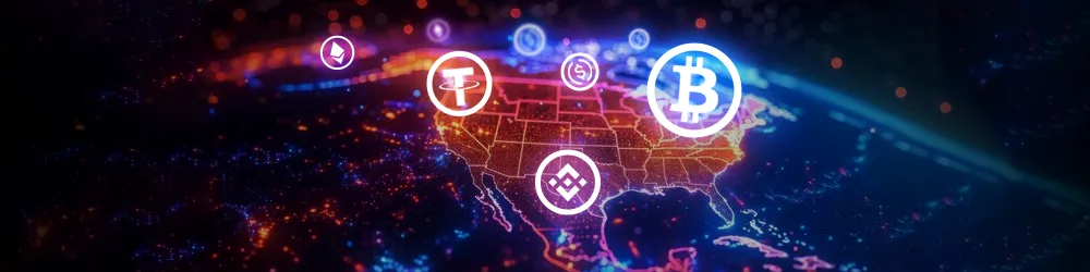 The USA is centrally located, with various digital currency icons surrounding it, symbolizing the rise of digital finance.