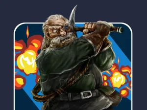 An illustrated character with a miner-like appearance, wearing an eye patch and wielding a pickaxe, surrounded by explosions and intense action, representing a mining-themed slot game.