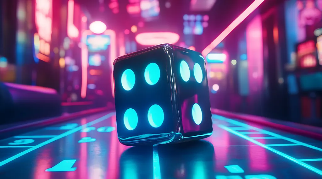 Neon-lit casino environment with a glowing blue dice showing the number four on the table.