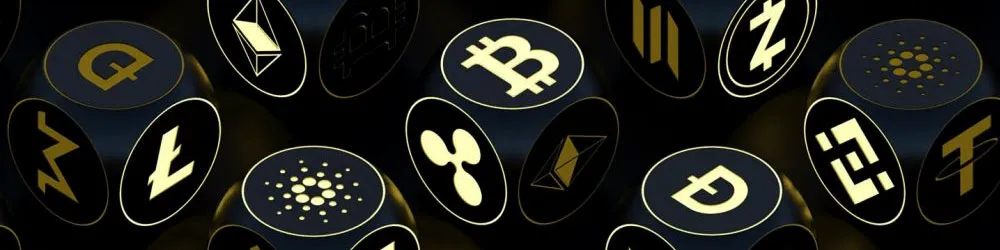 Cryptocurrency dice with various crypto coin logos, including Bitcoin and Ethereum.