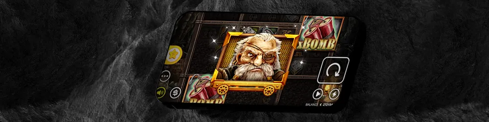 A smartphone screen displaying a character from a mining-themed slot game, featuring a bearded miner with intense eyes inside a golden minecart, surrounded by bomb icons and slot machine symbols.