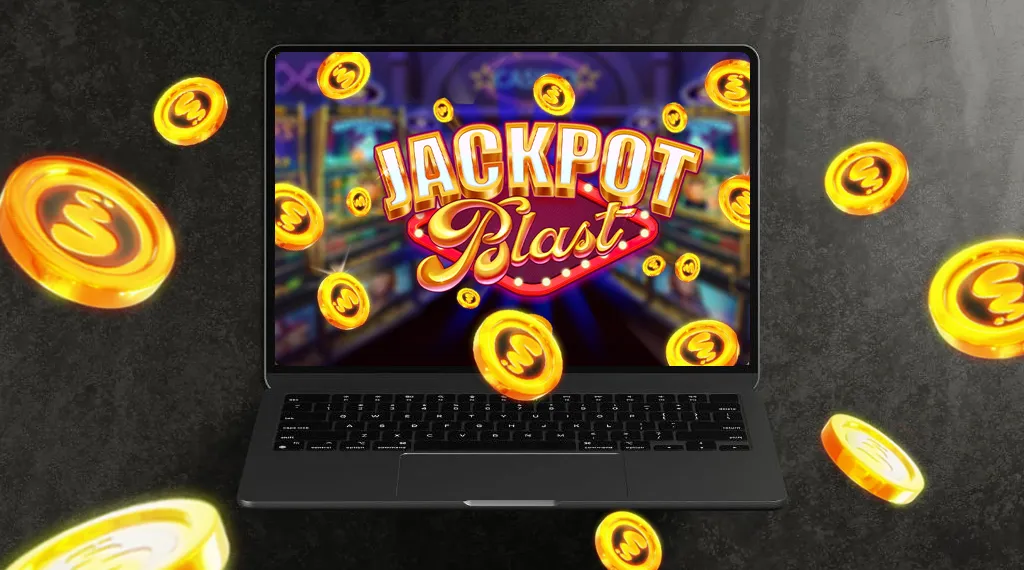 Laptop showing a casino game with the title "Jackpot Blast" and floating golden coins.
