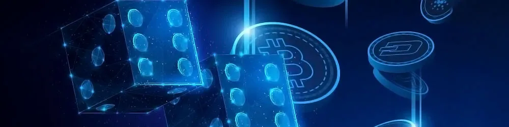 Glowing blue crypto dice with Bitcoin and Dash coin symbols.