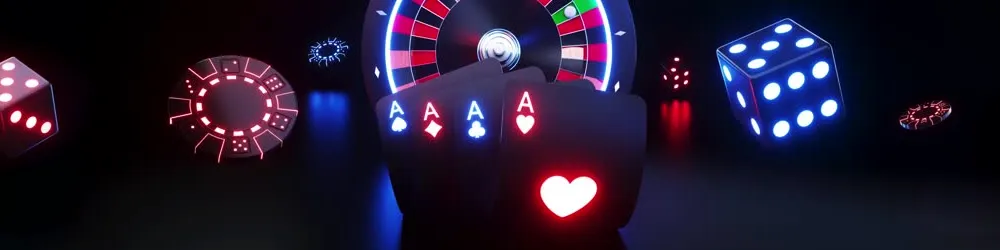 A brightly lit casino wheel surrounded by colorful dice, creating an exciting gaming atmosphere.