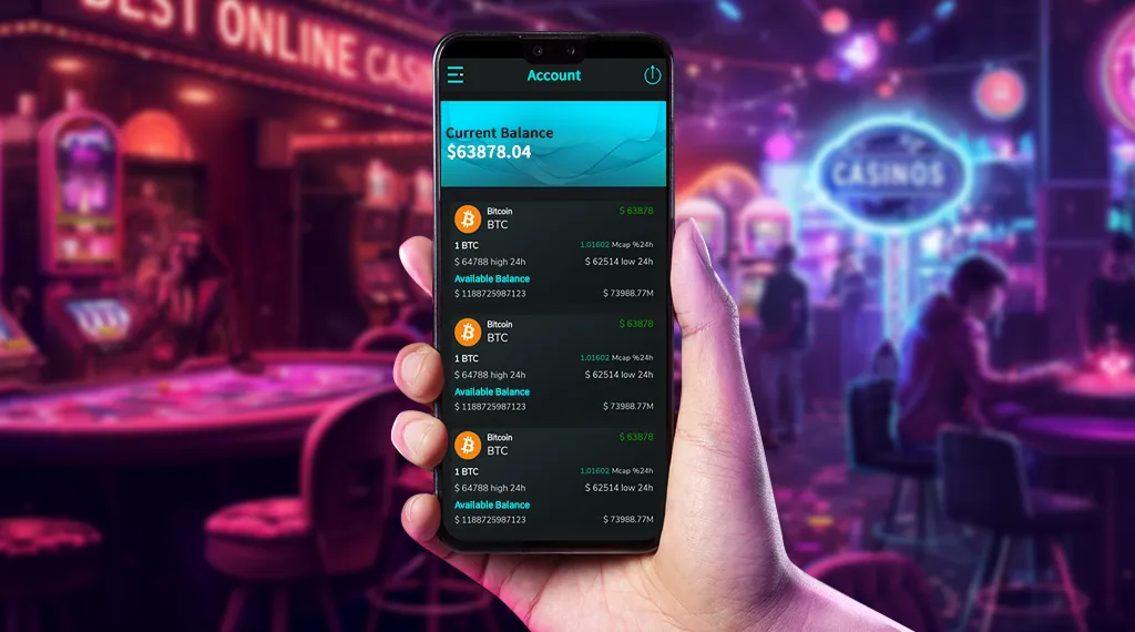 A person holding a smartphone displaying account details in a casino background, showcasing vibrant graphics.