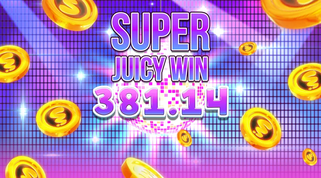 A screen displaying a 'Super Juicy Win' of 381.14 with golden coins floating around and a colorful disco ball background.