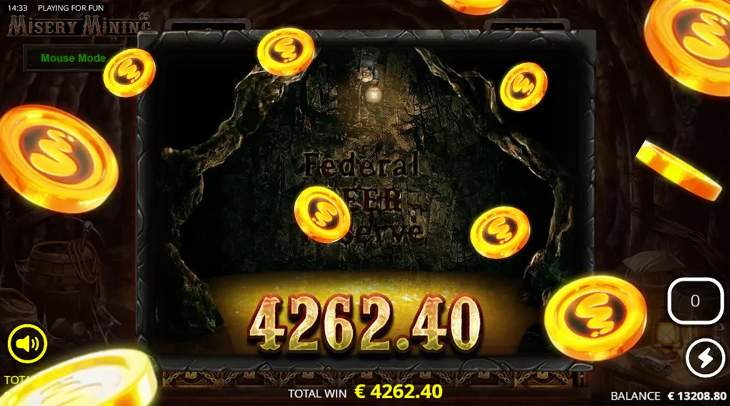 Misery Mining game win screen showing a total win of €4262.40 with gold coins floating around the screen. The 'Mouse Mode' is active, and 'Federal Reserve' is written on the background. Tthe balance is €13208.80.