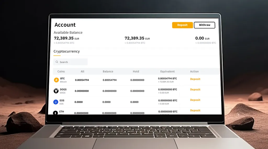 A laptop screen displaying a bitcoin wallet application interface with various cryptocurrency options and transaction details.