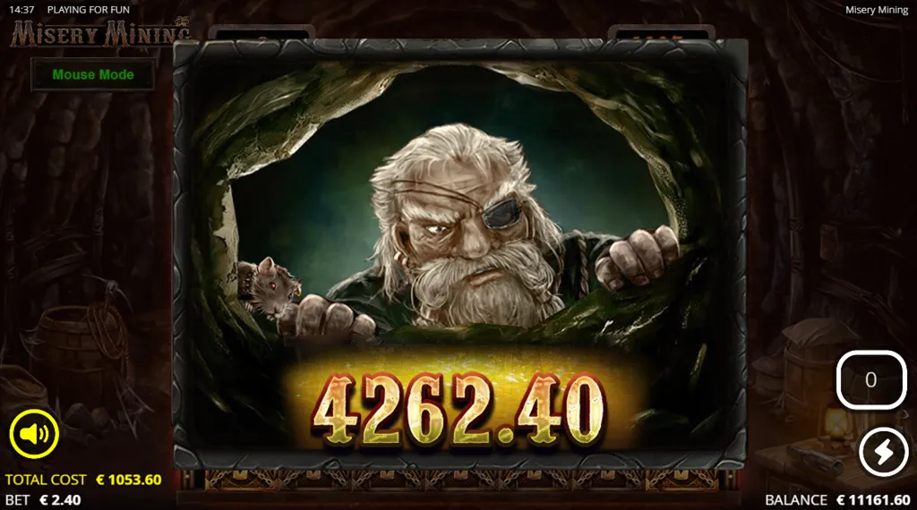 A win screen from the Misery Mining game showing a total win of €4262.40 with a bet of €2.40. The screen shows the miner character and a mouse, with a total cost of €1053.60 and a balance of €11161.60. The 'Mouse Mode' is active, and the 'continue' button is visible.