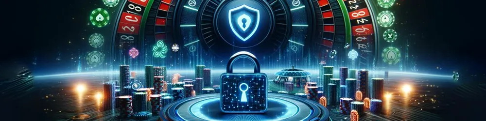A casino building encircled by a large lock and a colorful casino wheel, symbolizing security and gaming excitement.