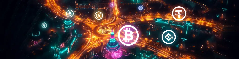 A futuristic representation of blockchain technology, showcasing interconnected nodes and digital data flow in a vibrant design.