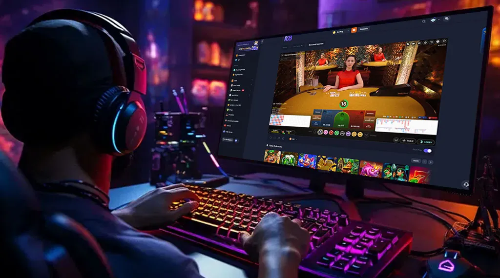 A man intensely playing a video game on his computer, with a vibrant display and gaming accessories visible around him.