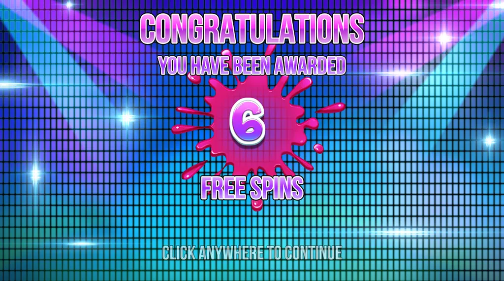 A congratulations message screen showing 6 free spins awarded, with a colorful splash background and a prompt to click anywhere to continue.