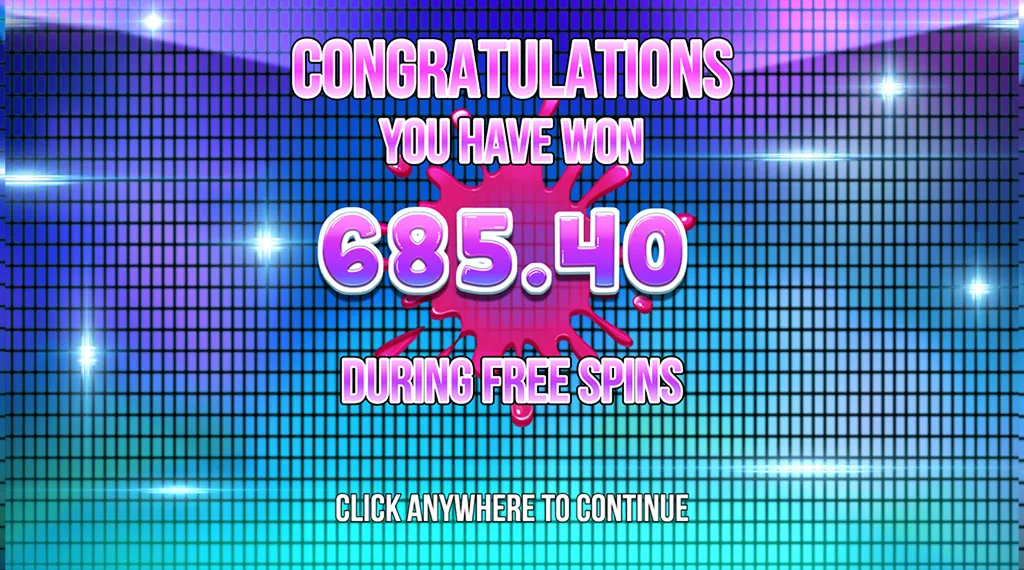 A congratulations message screen showing a win of 685.40 during free spins, with a colorful splash background and a prompt to click anywhere to continue.