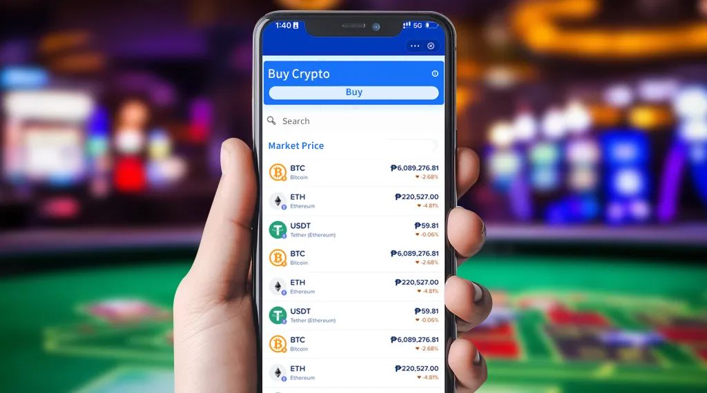 Image of a person holding an Android device, showcasing cryptocurrencies and featuring the details of buying and selling cryptocurrencies in a casino setting.