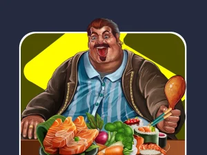 A cheerful man enjoys a feast with sushi, fish, and vegetables, holding a drumstick and chopsticks. This character is from the game 'Gluttony.'