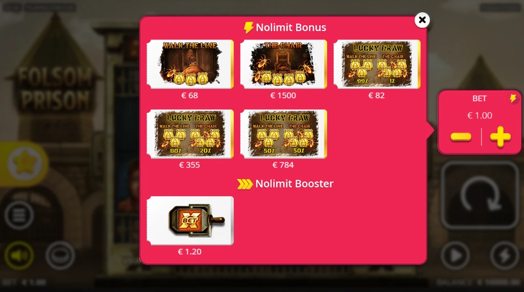 In-game menu for Folsom Prison showing Nolimit Bonus options including 'Walk The Line,' 'The Chair,' and 'Lucky Draw,' with corresponding prices and a Nolimit Booster option.