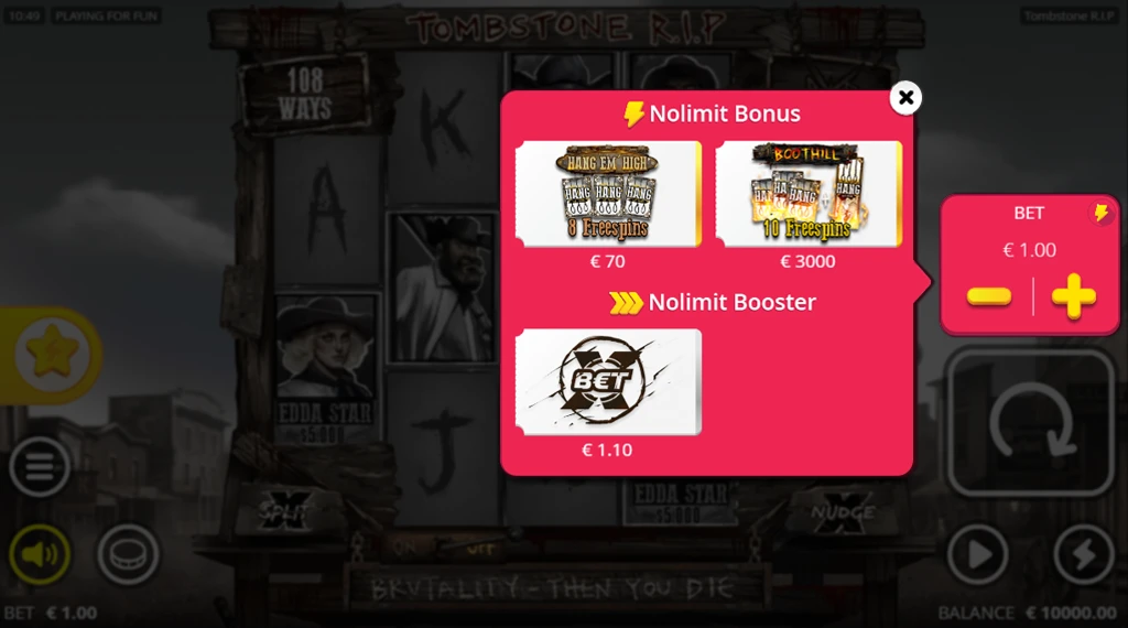 A screenshot of the Tombstone RIP game, showing the bonus selection screen with options for Nolimit Bonus and Nolimit Booster, as well as the betting controls and a €1.00 bet. The game interface is set against a wild west theme with western characters and symbols.