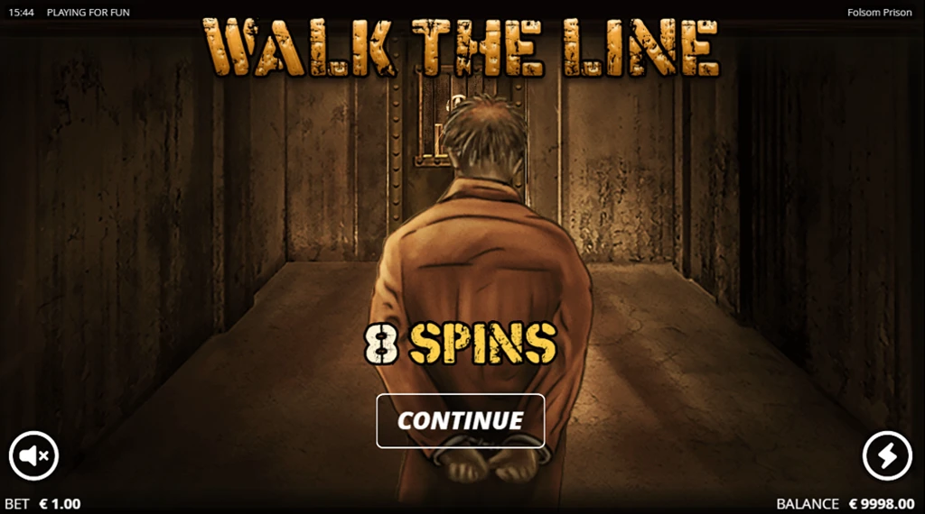 Gameplay screen from Folsom Prison slot showing 'Walk the Line' feature with 8 spins, a prisoner character, and a 'Continue' button.
