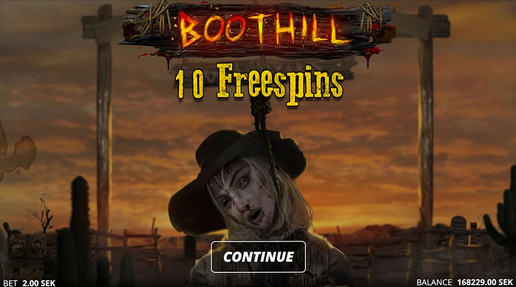 The Tombstone RIP game showing the 'Boothill' 10 free spins screen. A spooky character appears in the foreground with the words '10 Free Spins' prominently displayed above, set against a western desert landscape. The bet amount of 2.00 SEK and a 'Continue' button are visible at the bottom.