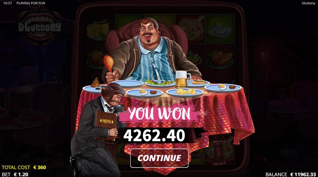 "A screenshot from the Gluttony slot game showing a big win of 4262.40. The player has won, and the screen shows a dining scene with the character sitting at a table full of food, while a waiter holds a menu. The 'Continue' button is visible at the bottom, and the total cost and bet amount are displayed on the left side of the screen.