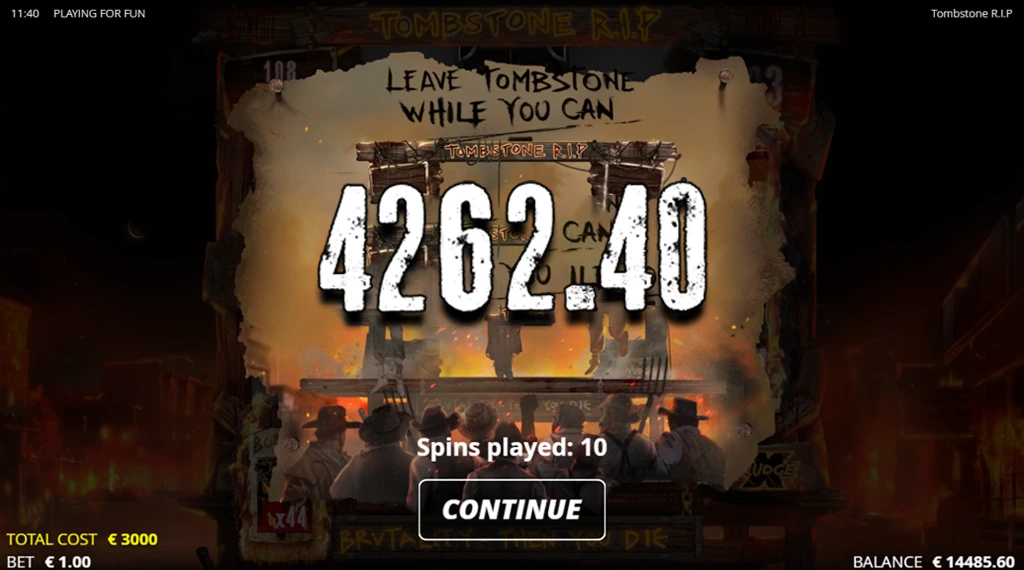 The Tombstone RIP game showing the total win screen with a winning amount of 4262.40, after 10 spins played. The background features a western-themed scene with a group of cowboys and a wanted poster. The 'Continue' button and the total cost of 3000 EUR, along with the bet amount of 1.00 EUR, are displayed at the bottom of the screen.