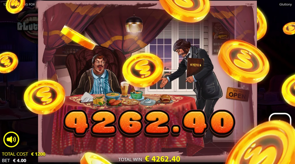 A screenshot from the Gluttony slot game showing a large win of 4262.40. The scene shows a character sitting at a table full of food while a waiter serves him more food. Coins are floating around the screen as the total win is displayed. The 'Continue' button is visible, and the total cost and bet amounts are shown at the bottom of the screen.