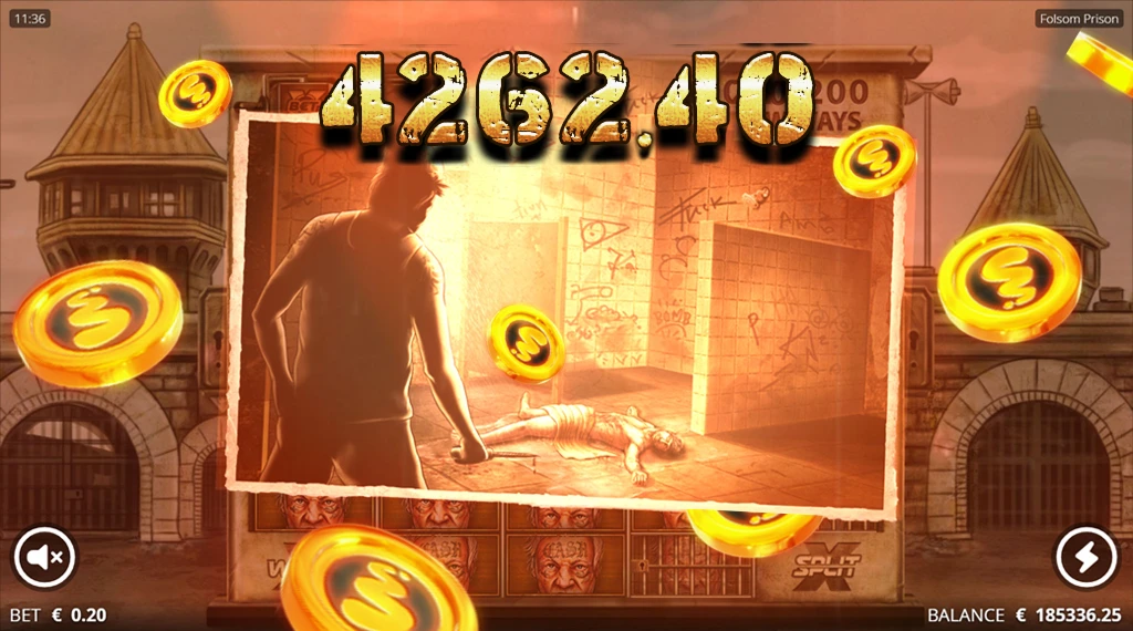 Folsom Prison slot showing a winning screen with €4262.40, gold coins flying around, and a photo of a crime scene with a person lying on the floor.