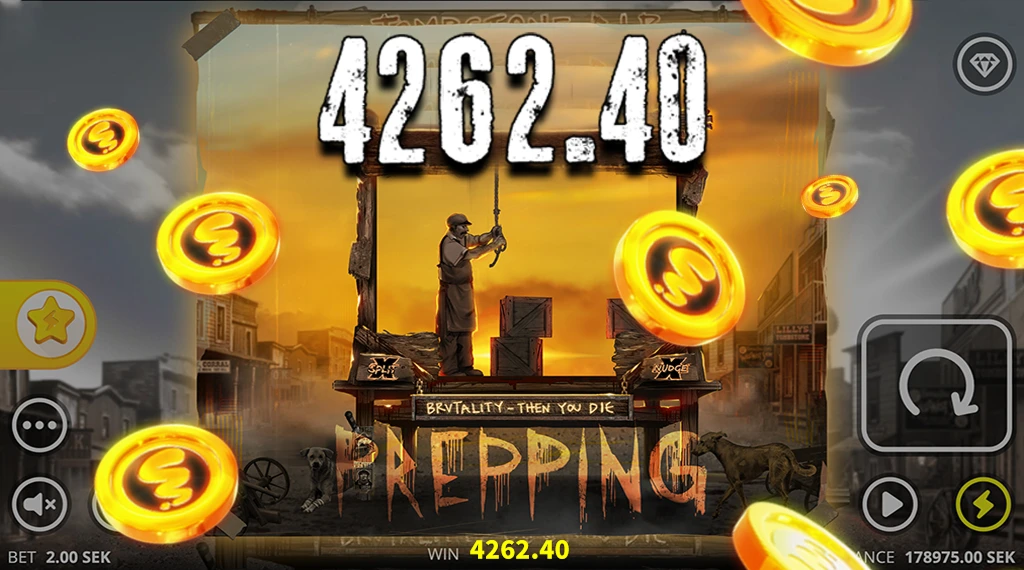 The Tombstone RIP game screen showing a total win of 4262.40 SEK with gold coins falling, emphasizing the large win. The background features a western theme with a character in a noose and a town setting. The 'Prepping' text is displayed with a 'Brutality – Then You Die' tagline. The bet amount of 2.00 SEK and the balance of 178975.00 SEK are visible at the bottom.