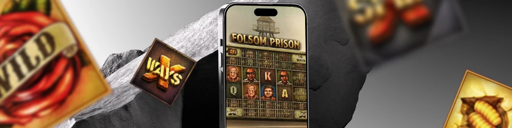 Mobile display of the Folsom Prison game showing a mix of symbols including 'WILD' and 'X WAYS' on a rocky background.