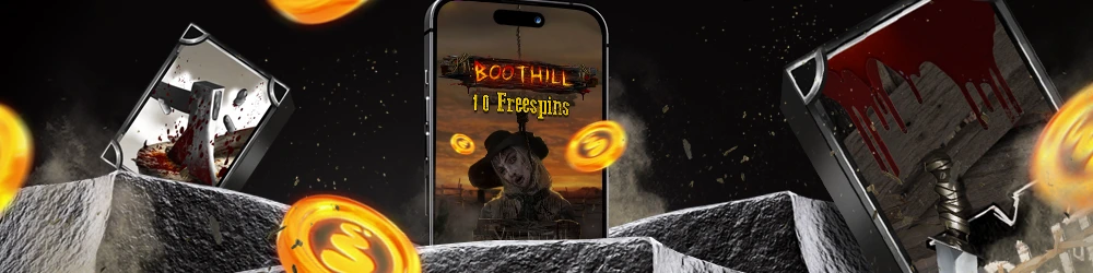 A phone displaying the Tombstone RIP game with a free spins feature in progress, featuring dramatic symbols like bloodied wooden crosses and eerie characters, with coins floating around, enhancing the wild, western theme.