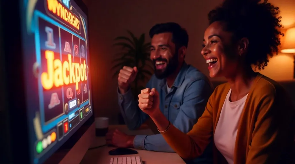 カジノスロットゲームでジャックポットを勝ち取った男性と女性の笑顔。スクリーンにはジャックポットの表示がされており、二人は喜びの表情を浮かべています。