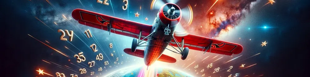 "Aviatorゲームの飛行機が地球の上空を飛んでおり、背後には数字が散りばめられている。背景には宇宙のような星々と輝きが広がっており、飛行機が高速度で進んでいる様子が描かれています。