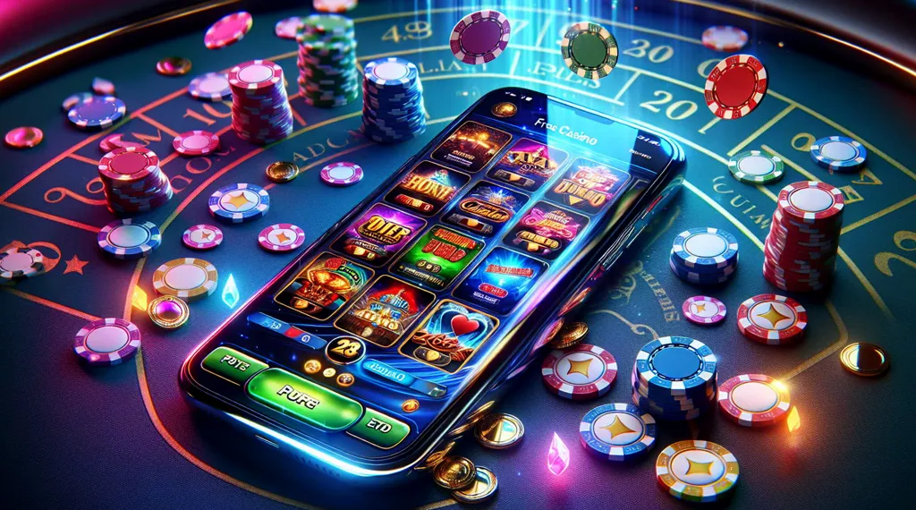 Various casino chips in different colors and denominations arranged on a gaming table.
