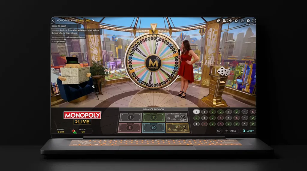 A laptop featuring a casino game, showcasing bright graphics and interactive elements on the display.