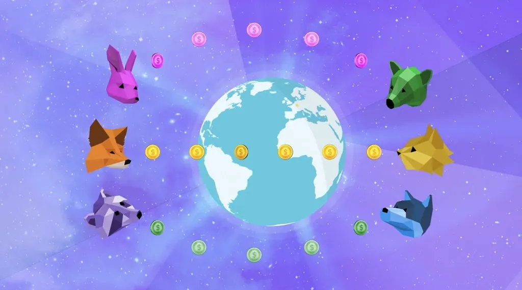 Colorful geometric animals representing different crypto assets, with a focus on the MetaMask ecosystem for global transactions.