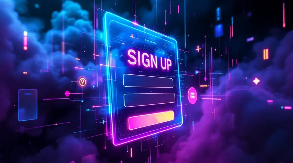 A glowing neon "Sign Up" form surrounded by a digital, futuristic background.