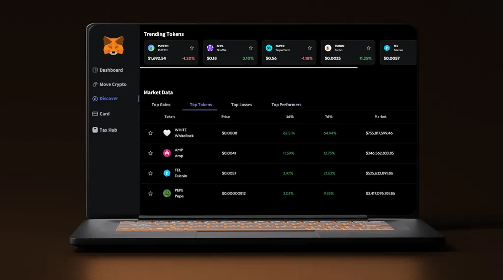MetaMask casino app interface displaying trending tokens and market data for cryptocurrency transactions.