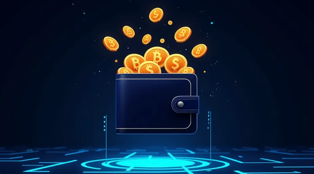 Digital wallet with Bitcoin coins flying out, set in a futuristic environment.