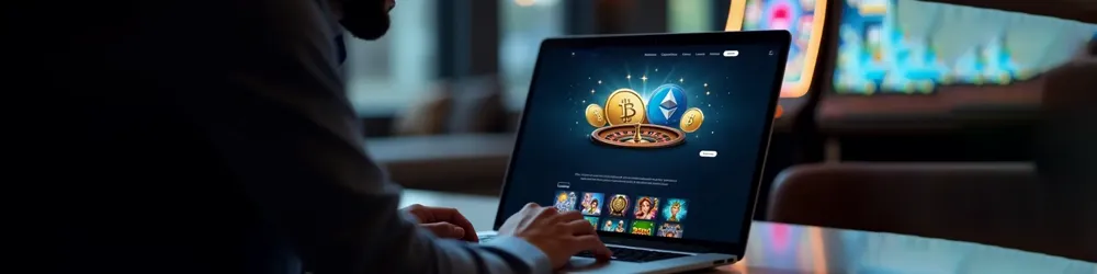 A person focused on a laptop displaying a casino game, with colorful graphics and game elements visible on the screen.