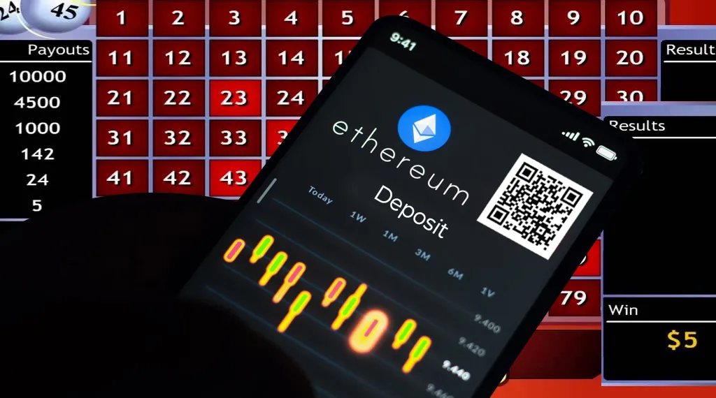 A person holding a smartphone displaying an Ethereum deposit on the screen, with an online casino game on the computer screen in the background.