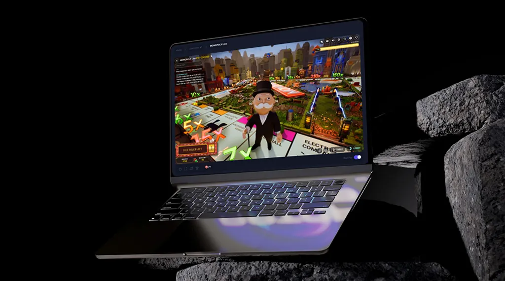 A laptop with Monopoly Live game on the display, highlighting engaging graphics and gameplay features.