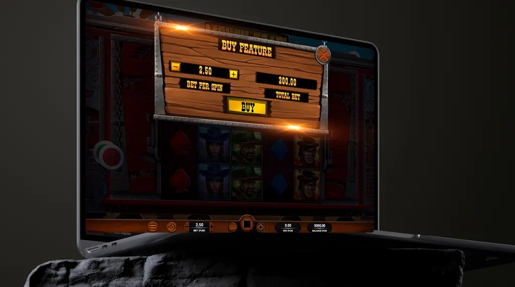 A laptop displaying the Money Train slot machine game on its screen.