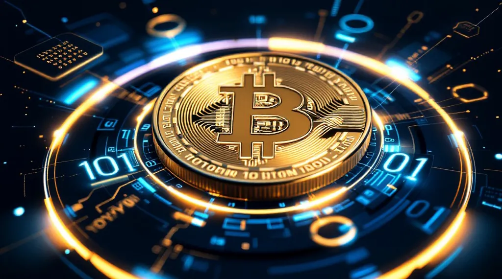 A Bitcoin coin surrounded by digital circuit-like patterns, glowing in a high-tech, futuristic style.